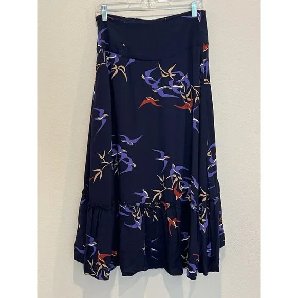 Anthropologie Maeve Women’s Midi Skirt Size 4 Merida Birds Graphic Flounced Blue - Picture 15 of 16